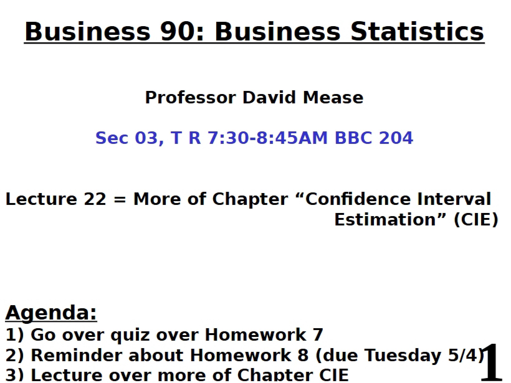 Lecture Twenty-Two Business Statistics