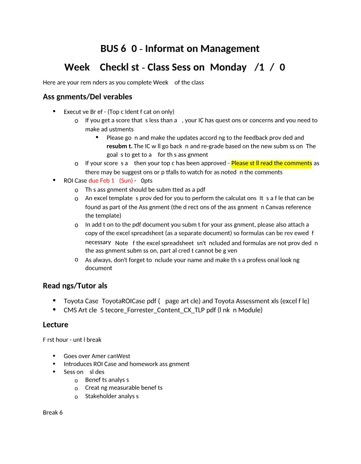 Week 5 Checklist and ROI Case