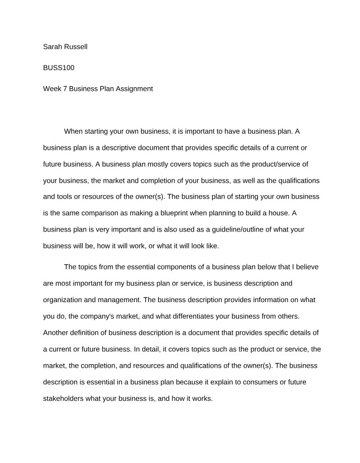Business Plan Assignment - Week 7