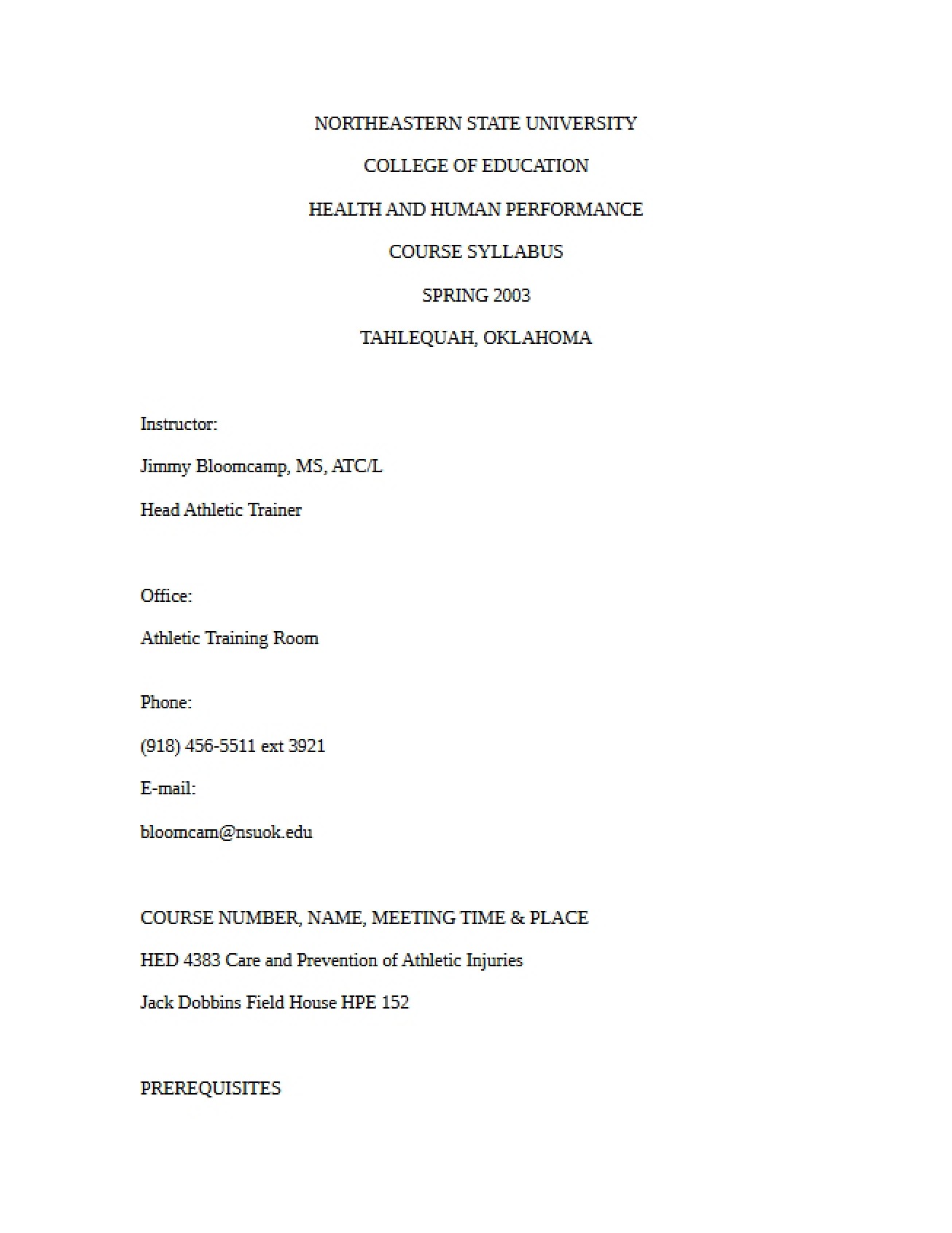 Athletic Injury Prevention Syllabus