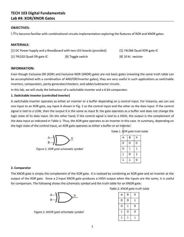 XOR and XNOR Gates Lab 4