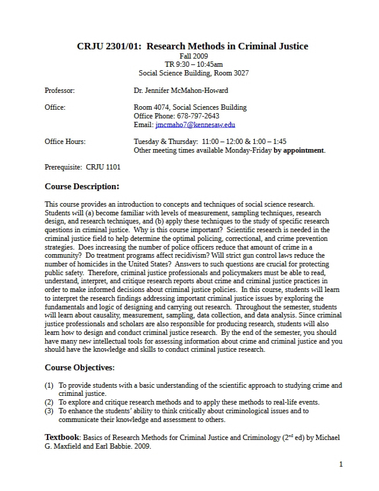 Syllabus for a Course on Research Methods in Criminal Justice