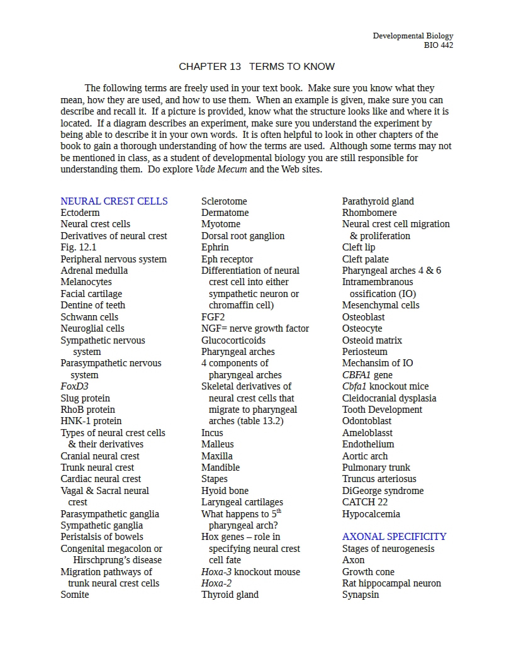 Developmental Biology Class Notes