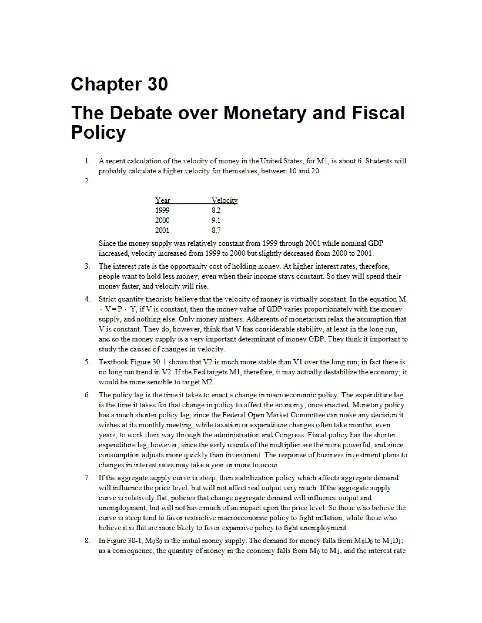 Ch. 30 Monetary vs Fiscal Policy Debate