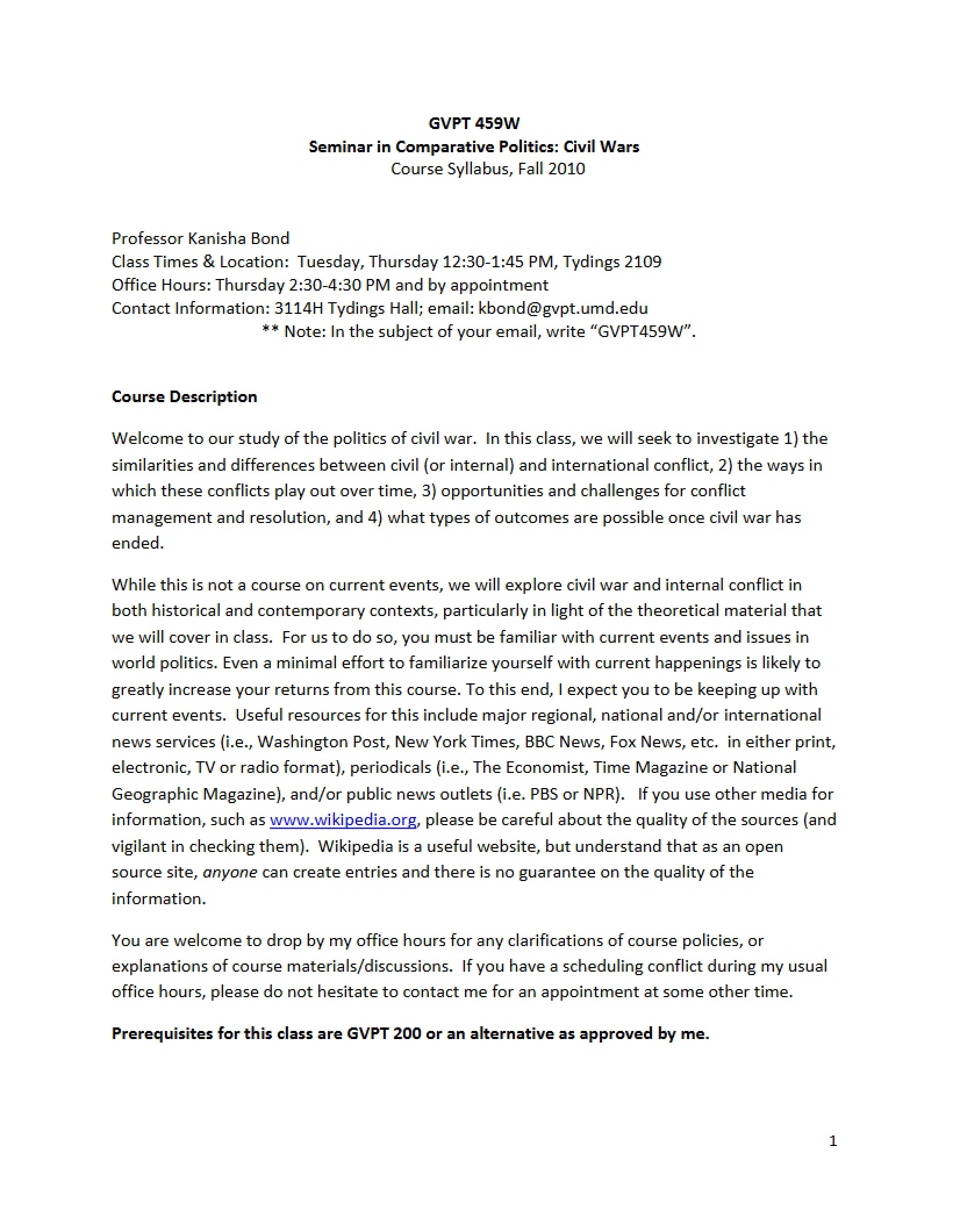 Civil Wars Seminar Syllabus