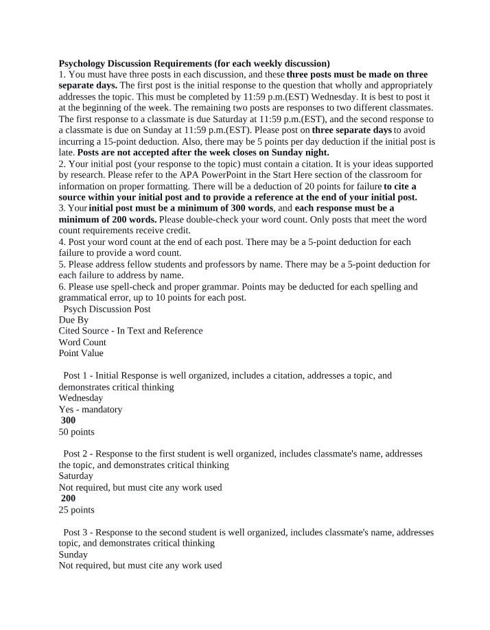 Requirements for Psychology Discussion, Critical Thinking, and Citations