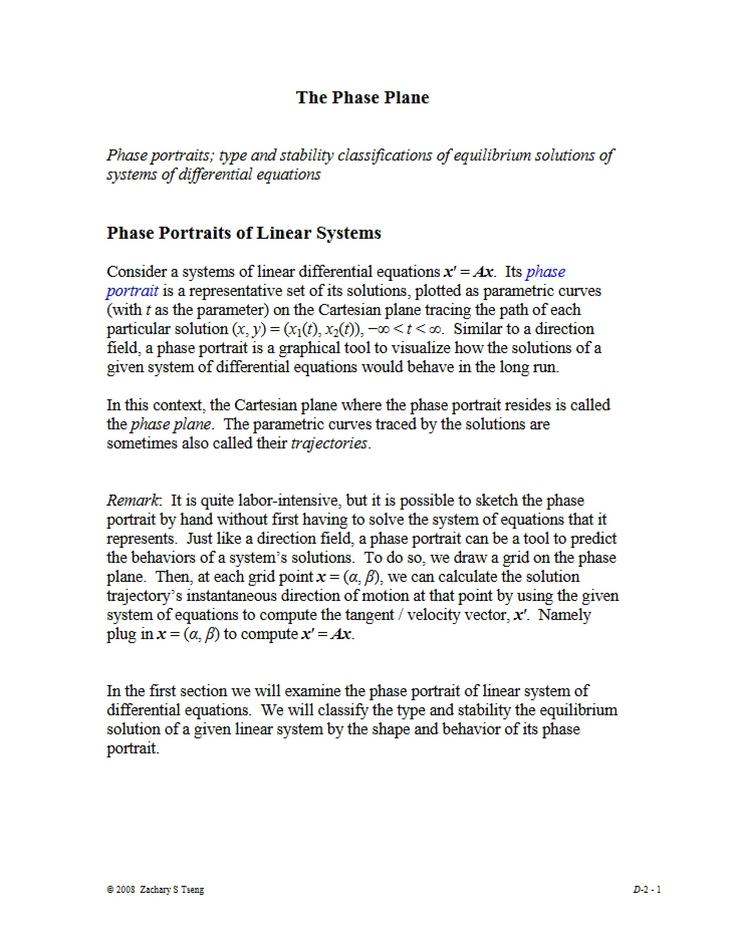 Phase Plane Notes