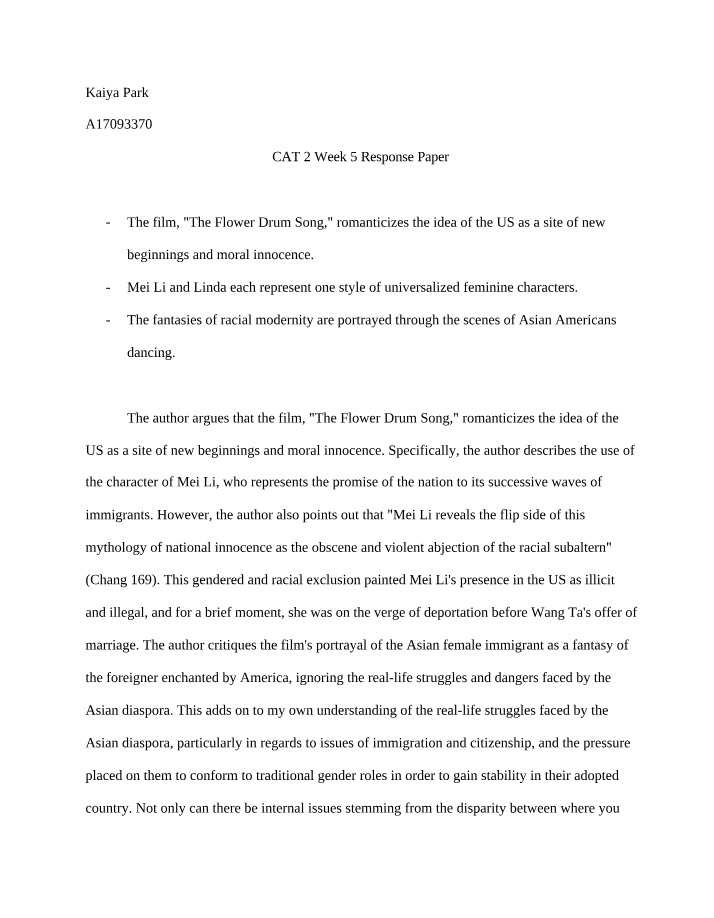 CAT 2 Response Paper for Week 5
