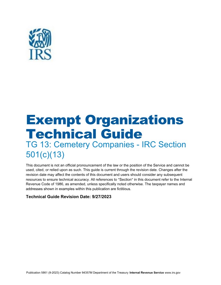 IRC Section 501(c)(13) - IRS Technical Guide TG 13 for Cemetery Companies