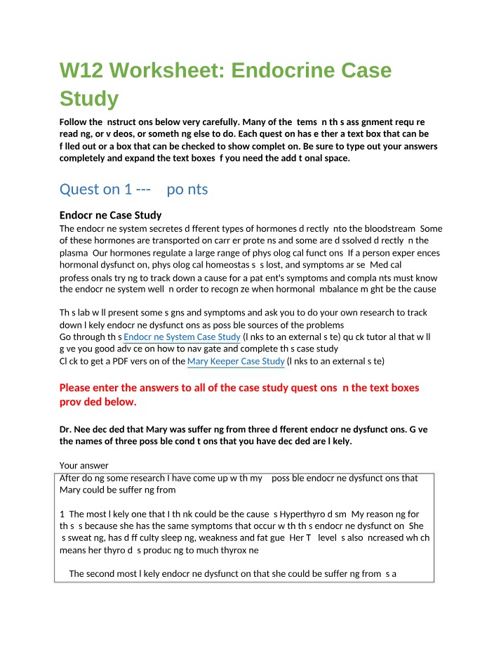 Endocrine Case Study Worksheet - W12