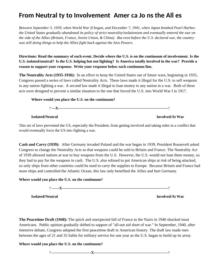 Worksheet - From Neutrality to Involvement