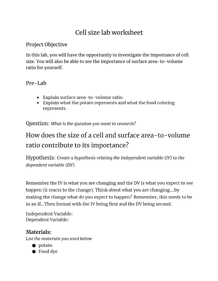 Lab Worksheet on Cell Size