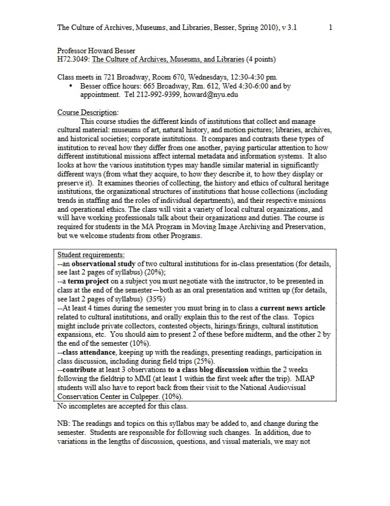 Archives Museums and Libraries Course Syllabus