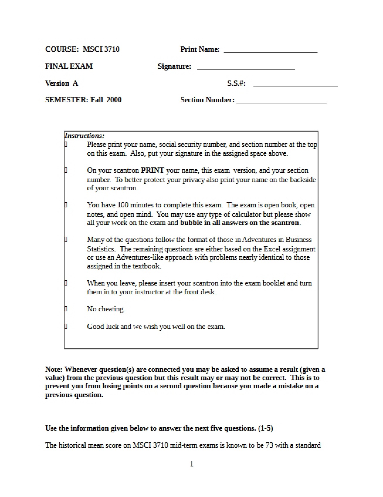Final Exam A Fall 2000
