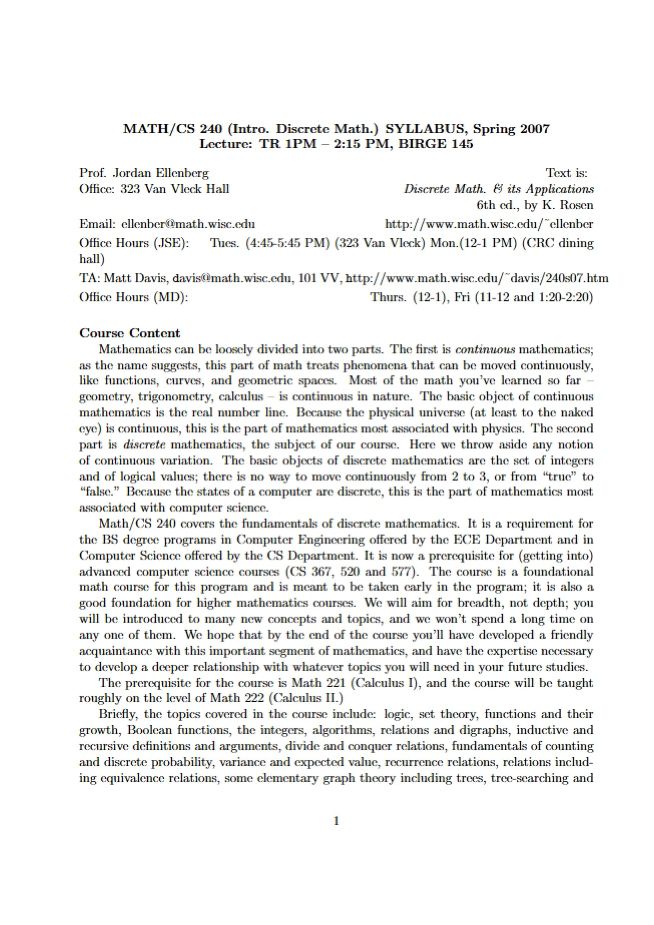 Syllabus for MATH-CS 240