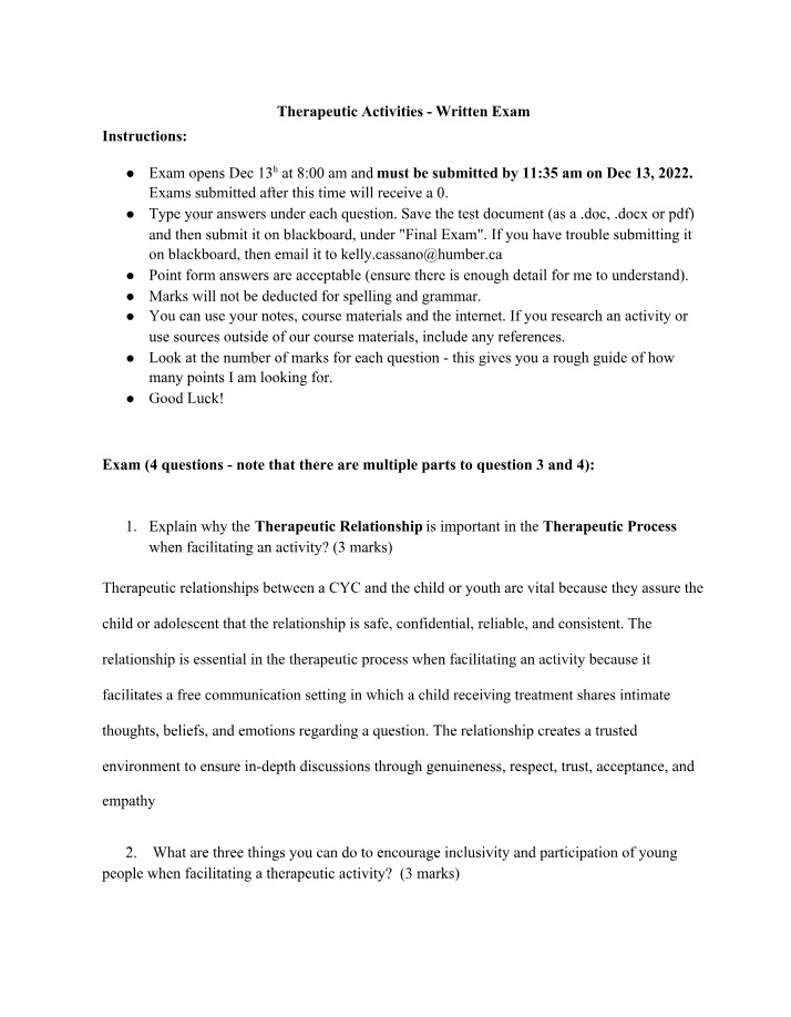 Written Exam for Therapeutic Activities