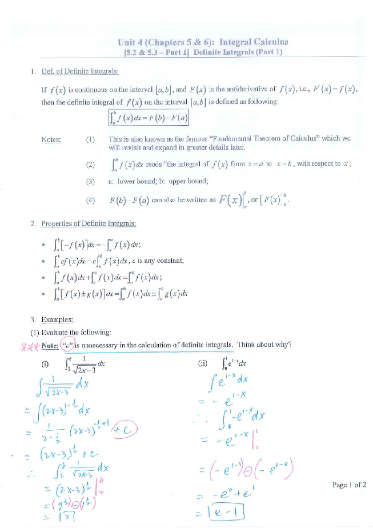 Answer Key Part One of Definite Integrals
