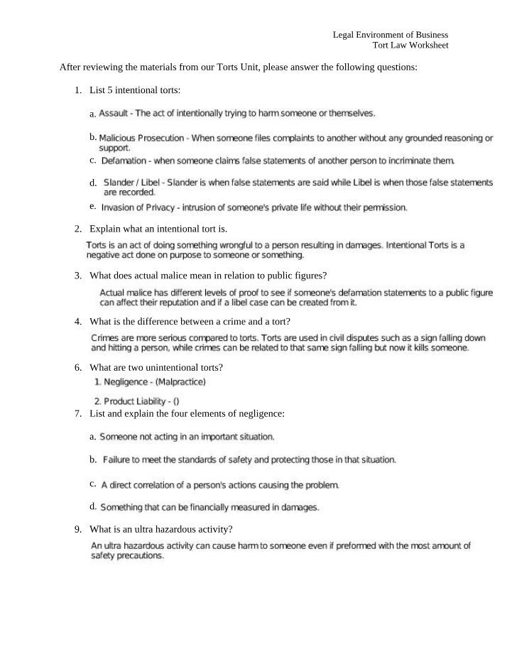 Worksheet on Tort Law