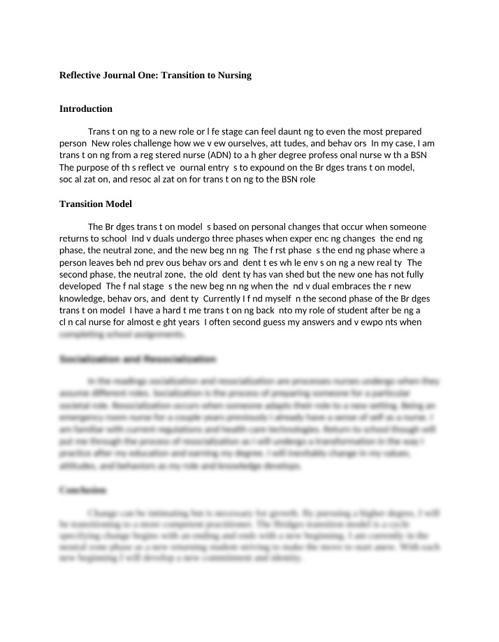Reflective Journal One on Transition to Nursing