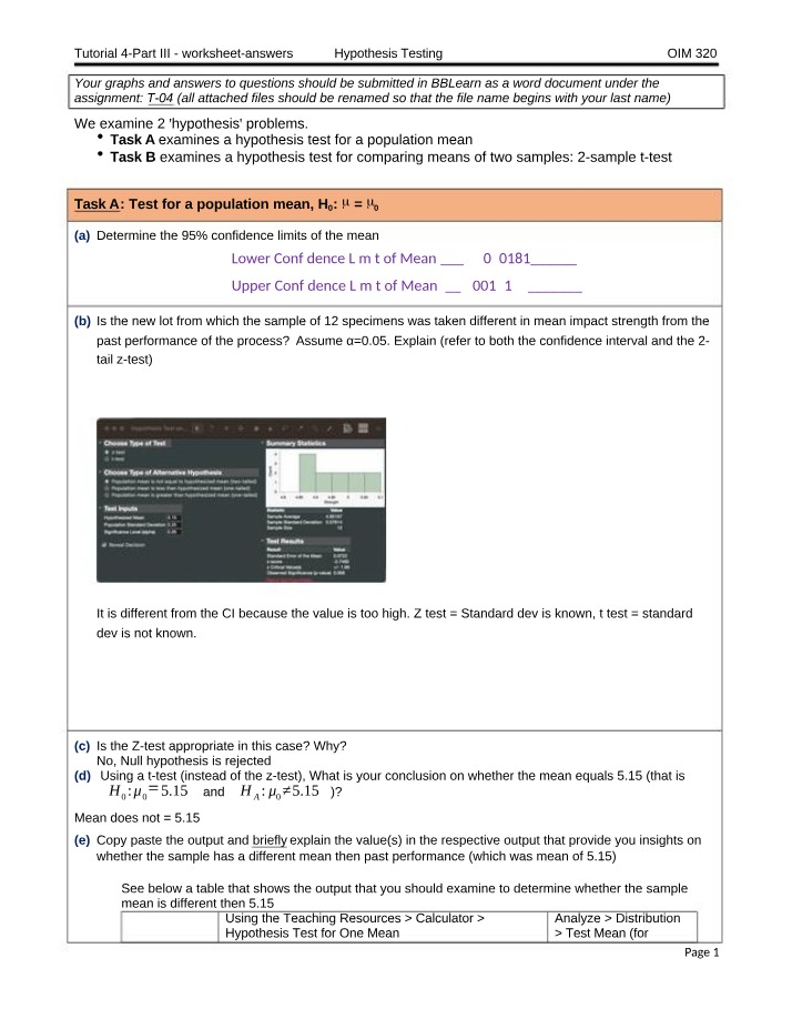 Worksheet Answers for Hypothesis Testing Tutorial