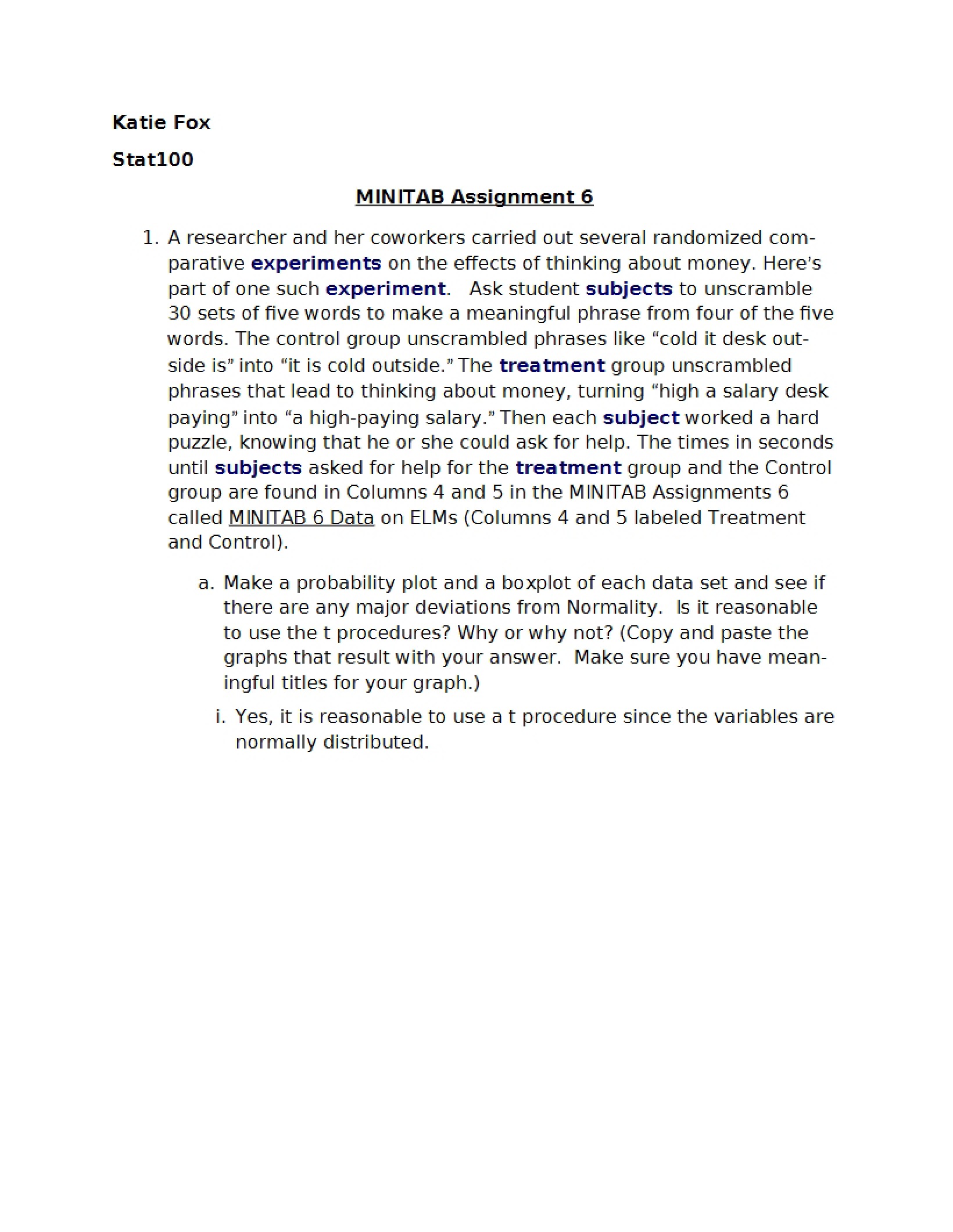 Sixth Minitab Assignment
