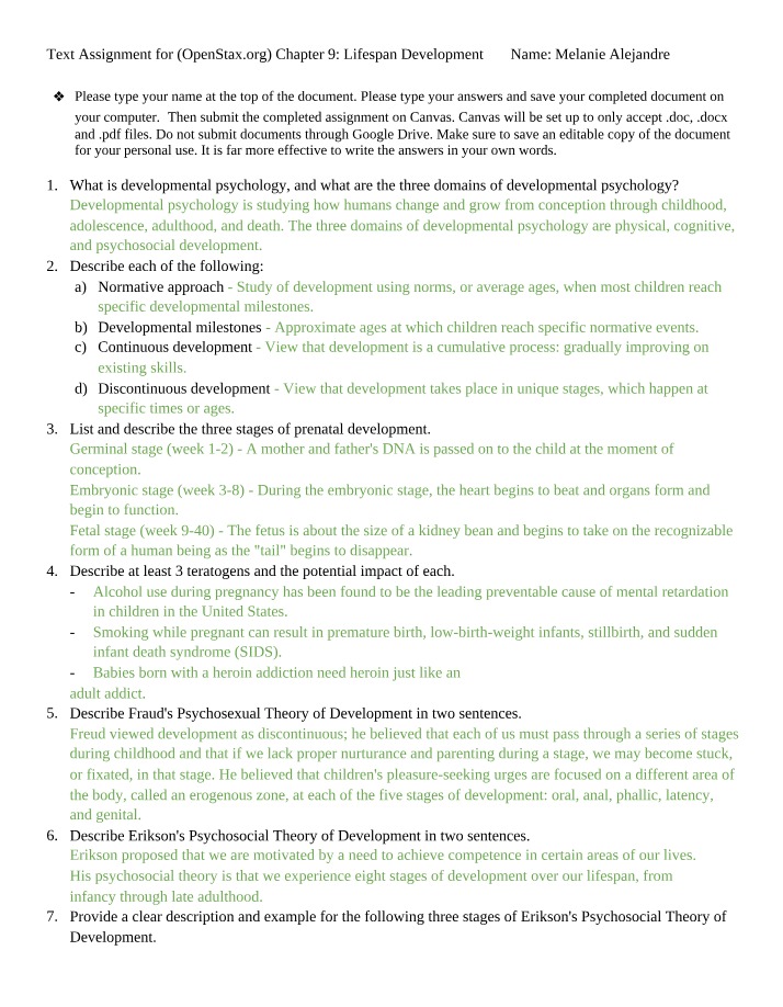 Chapter 9 - Life Span Development Text Assignment