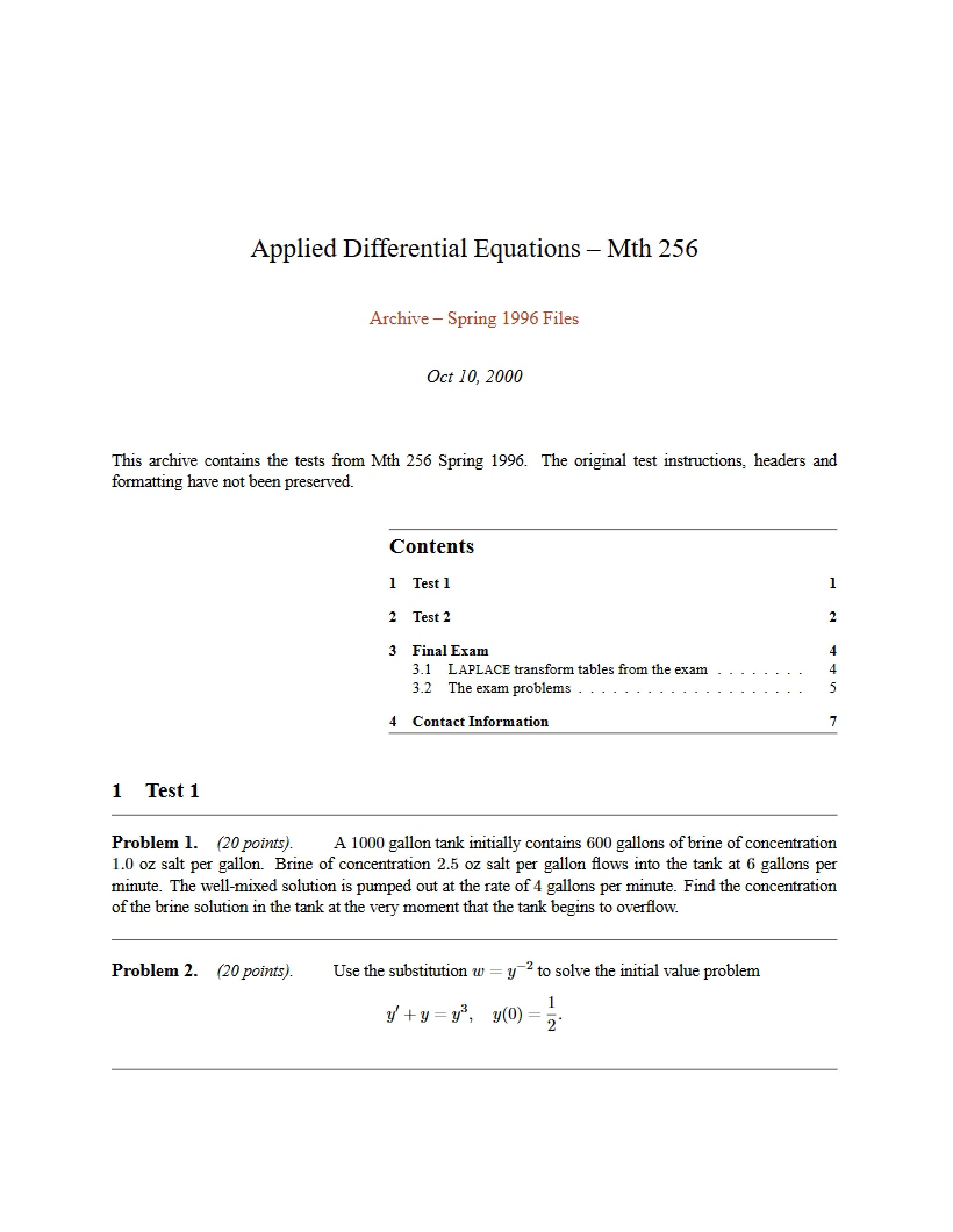 Course Overview Applied Differential Equations