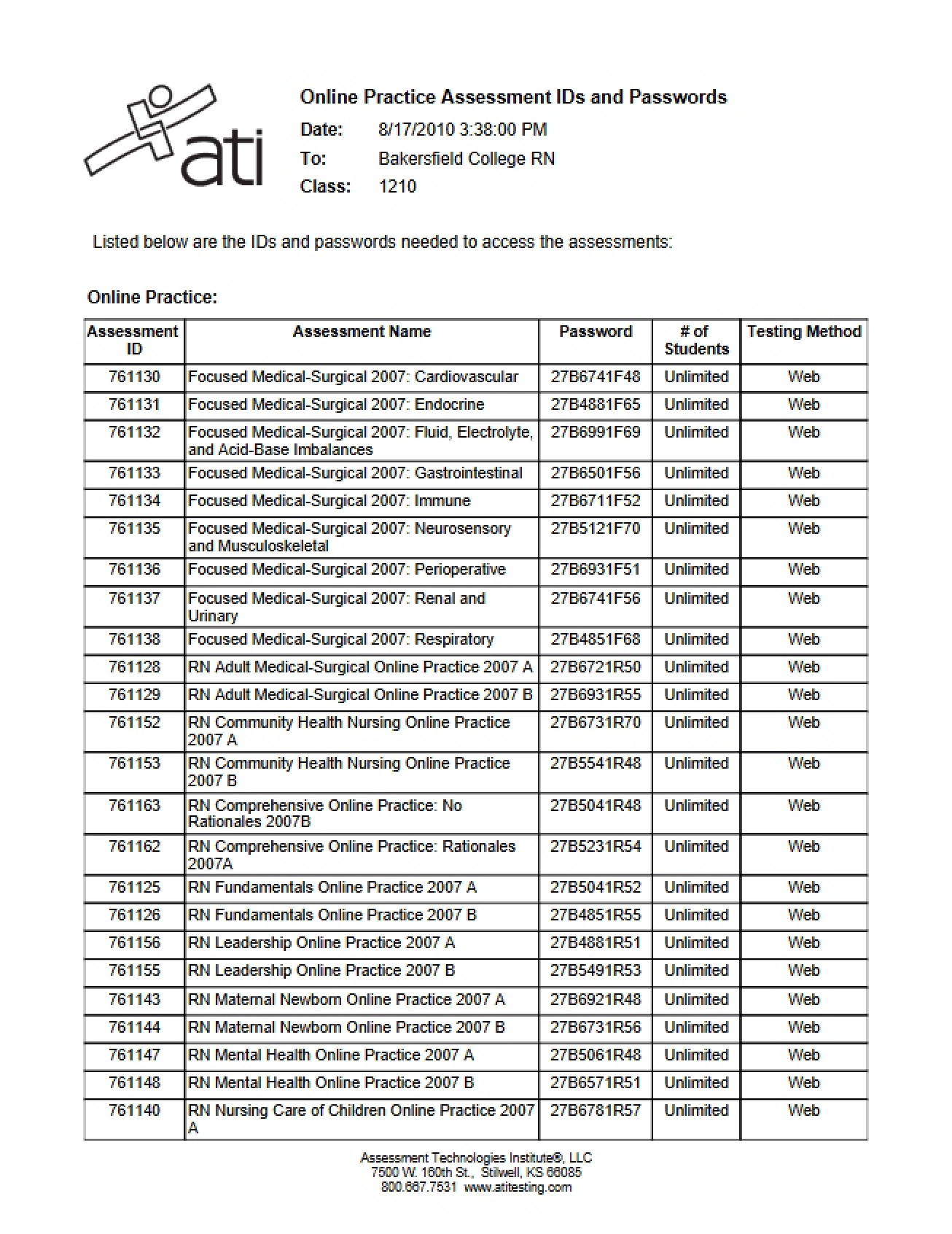 ID and Password for ATI Assessment