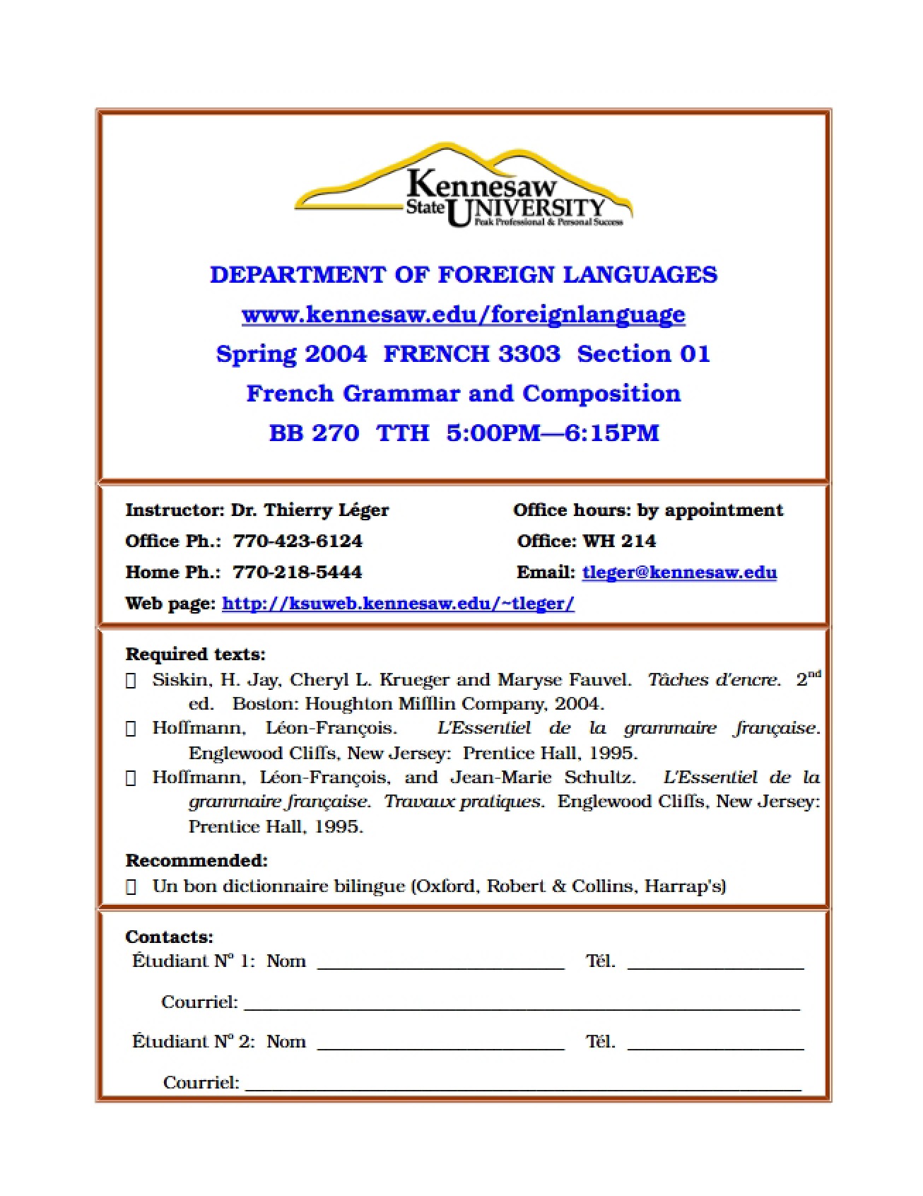 Course Outline for French Grammar and Composition