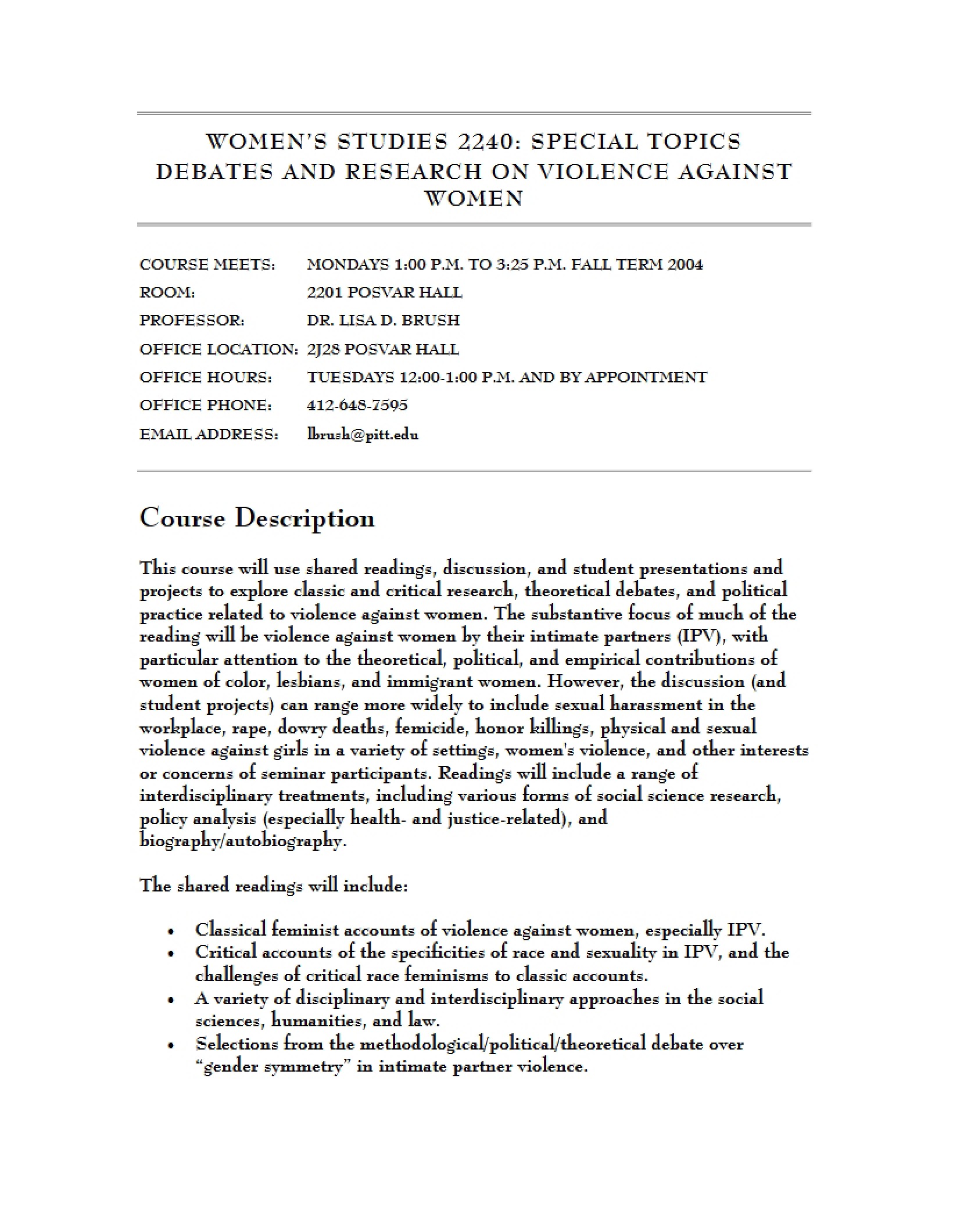 Women's Violence Research and Debates Syllabus