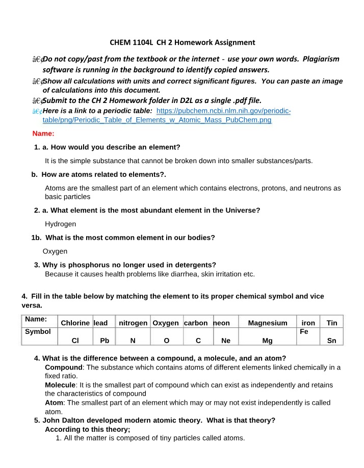 Elements, Atoms, Compounds, and Modern Atomic Theory
