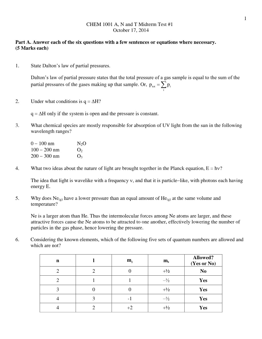 Midterm Test #1 - CHEM 1001 A, N and T