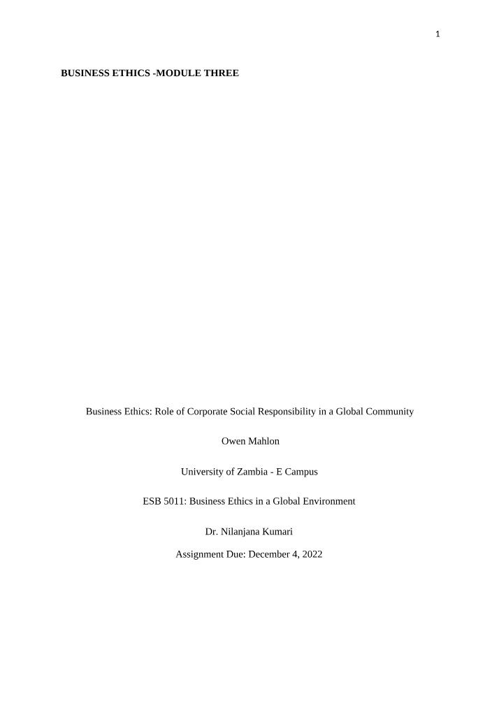 Business Ethics and the Role of Corporate Social Responsibility