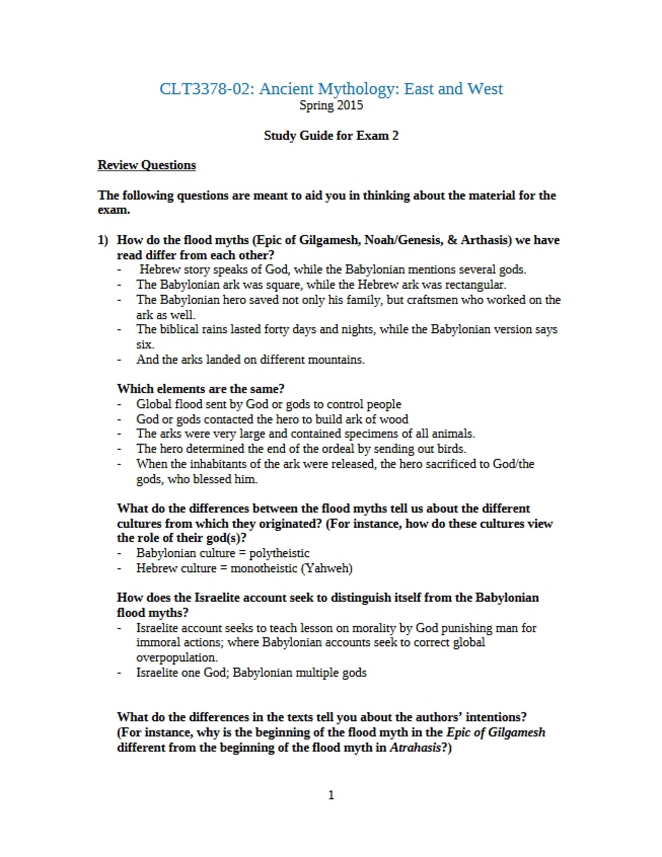 Second Examination Materials for Ancient Mythology