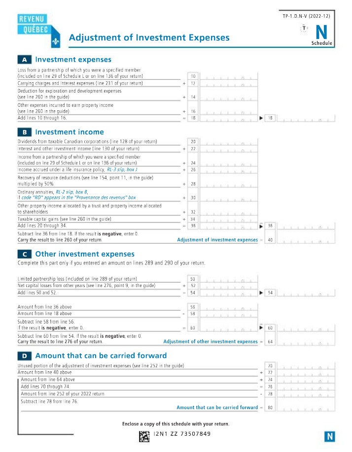 Adjustment of Investment Expenses - Quebec Tax Form