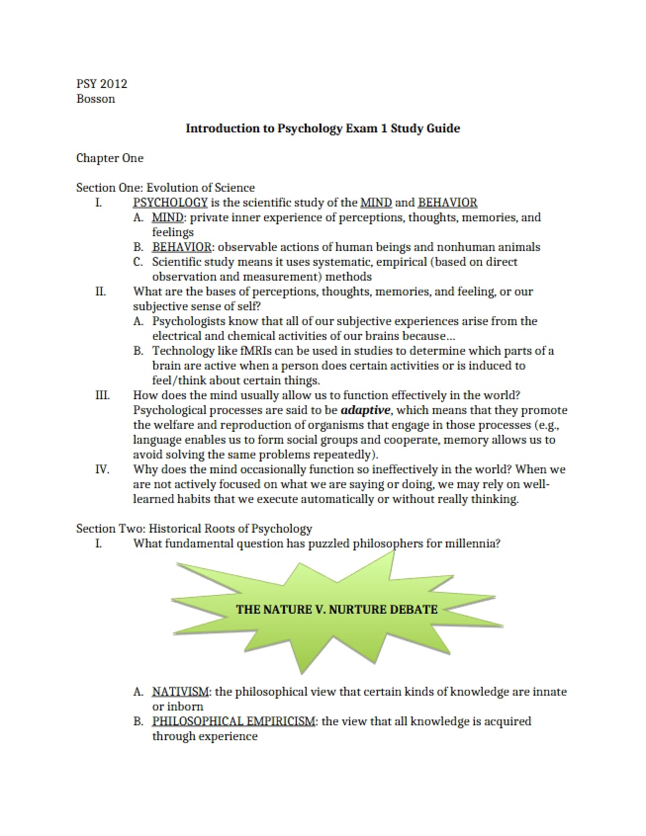 Study Guide for Psychology Exam 1
