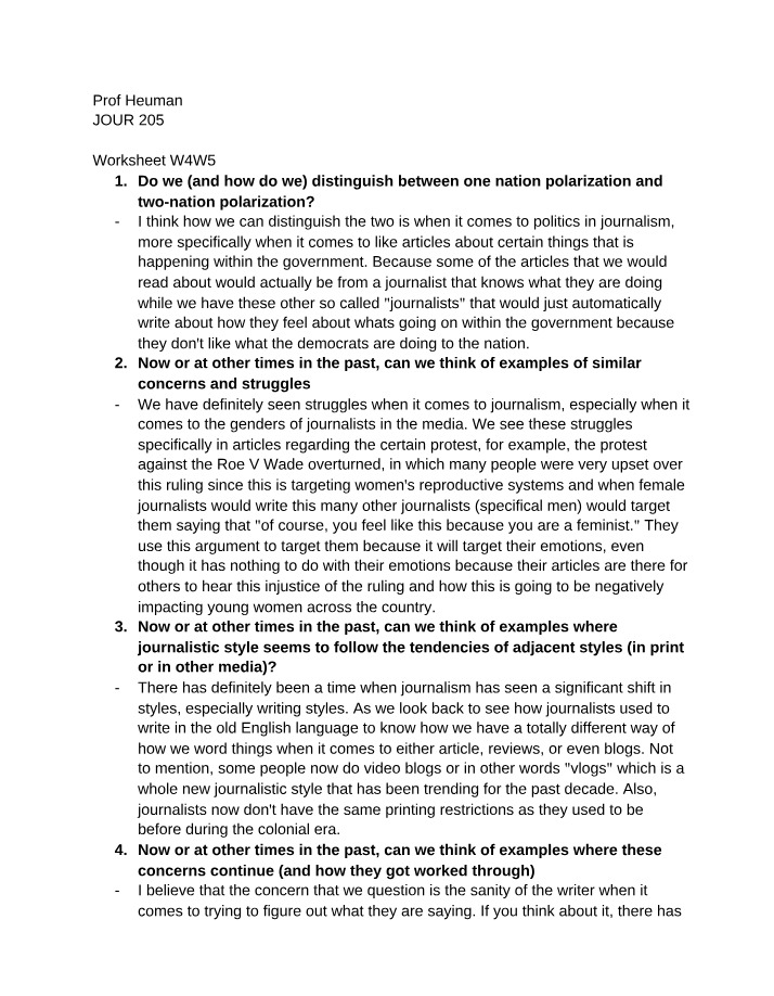 Worksheet on Polarization in Journalism