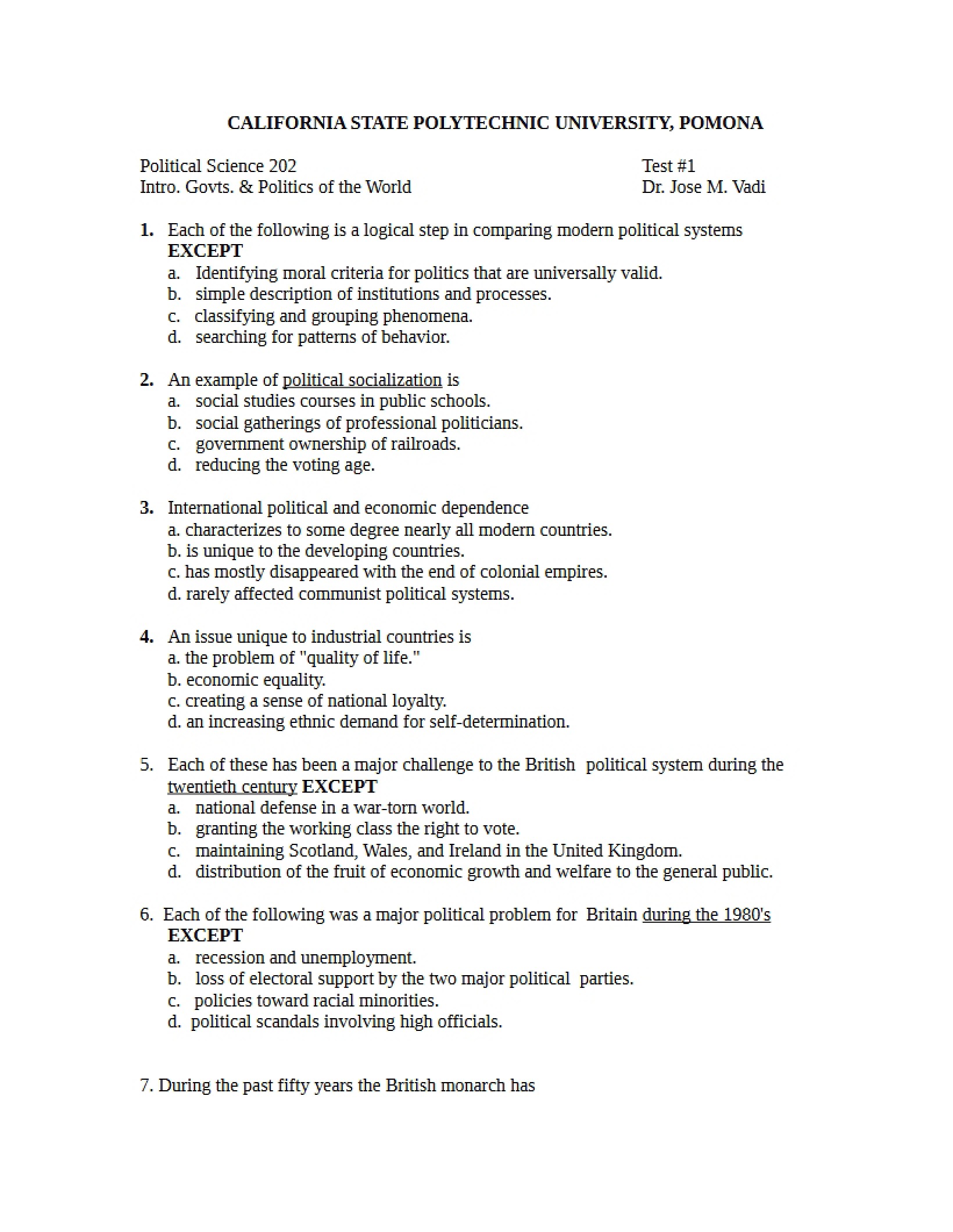 Test One Comparative Politics