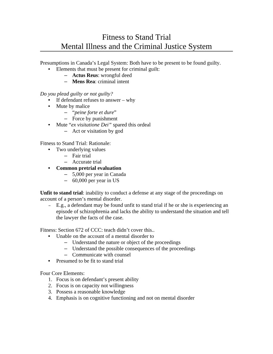 Fitness to Stand Trial - The Criminal Justice System and Mental Illness