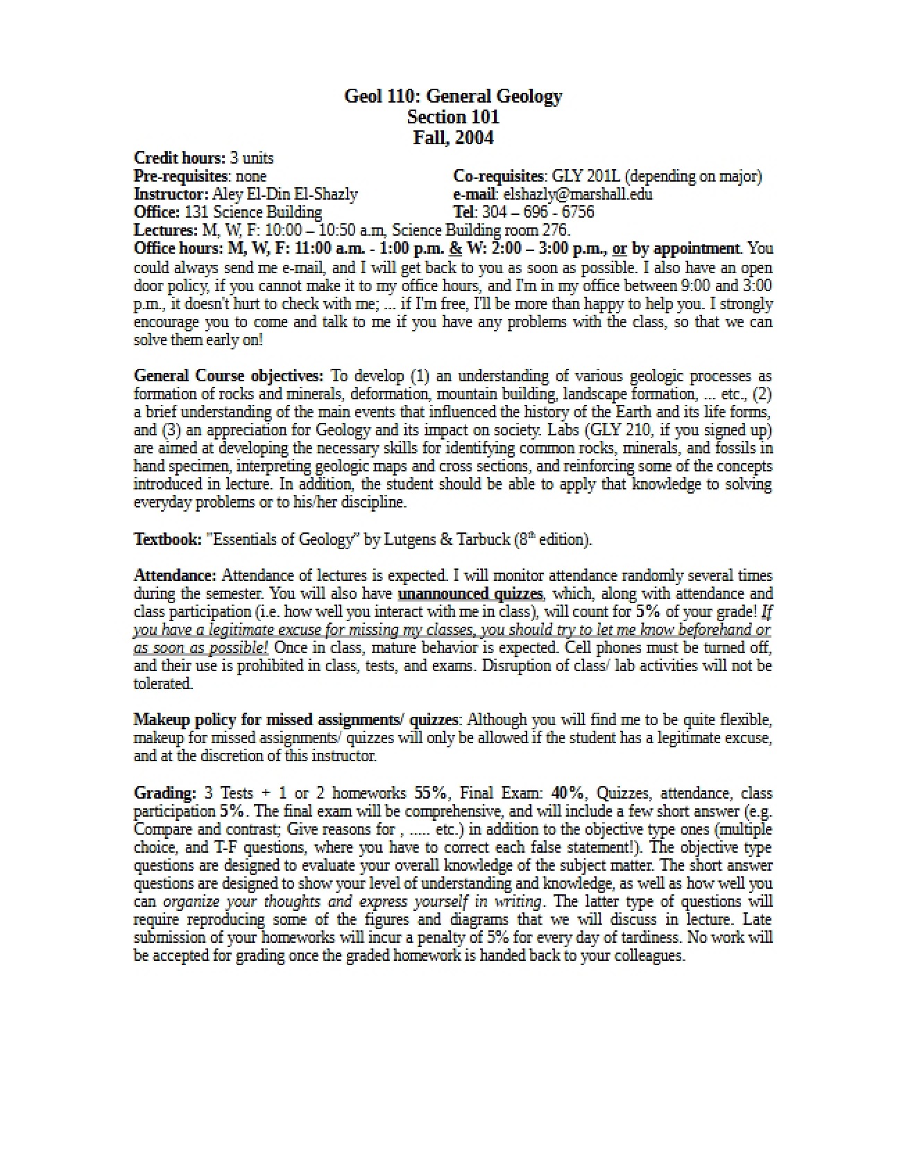 General Geology Syllabus