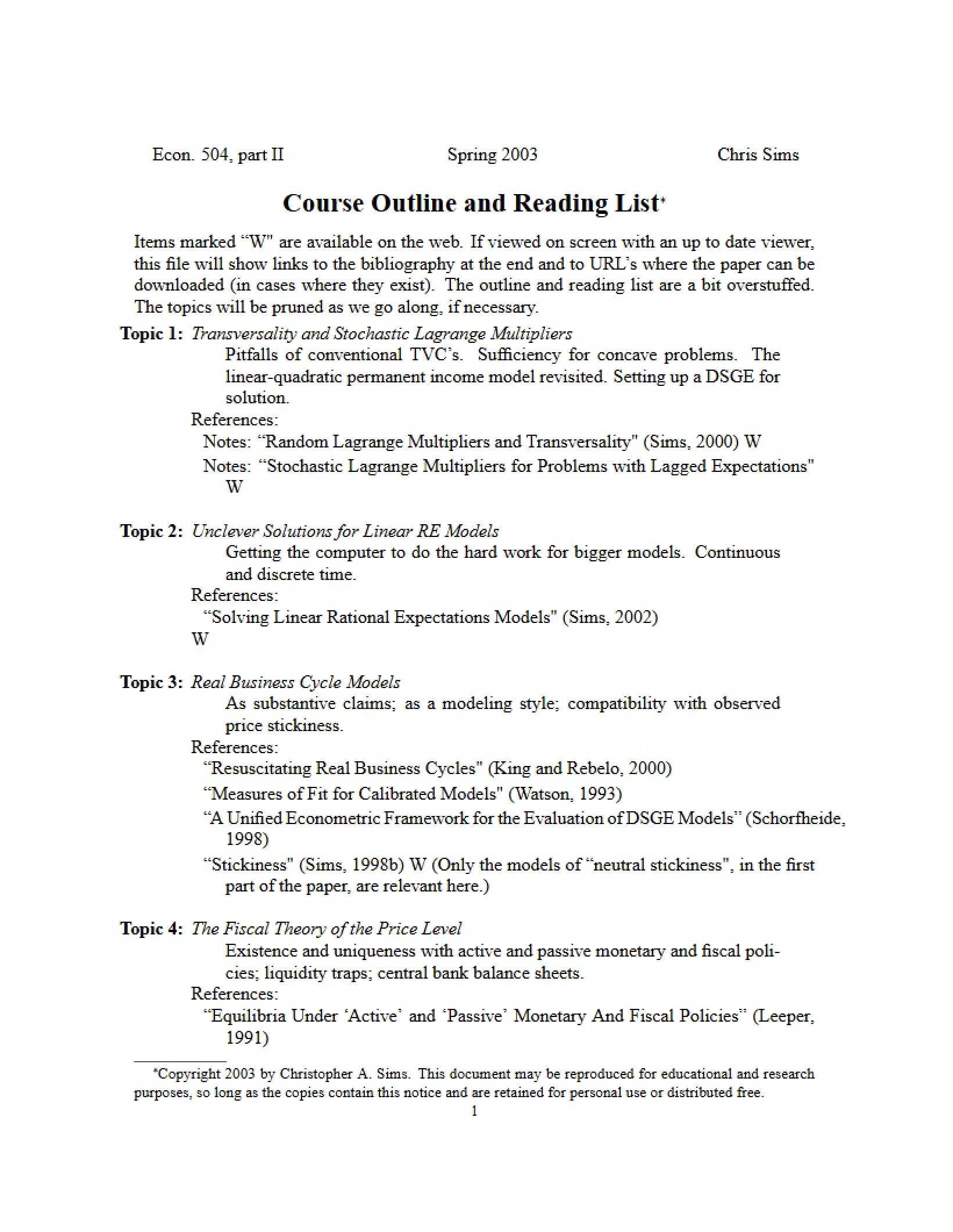 Reading List and Outline of Course