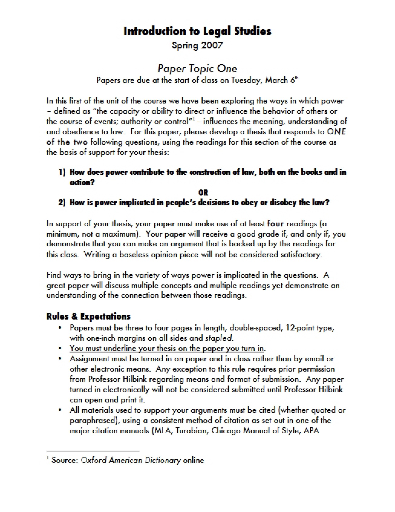 First Paper Topic for Legal Studies