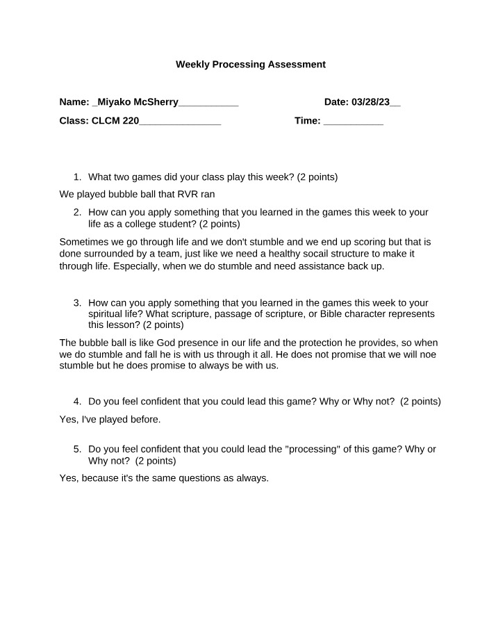 Weekly Assessment for Processing