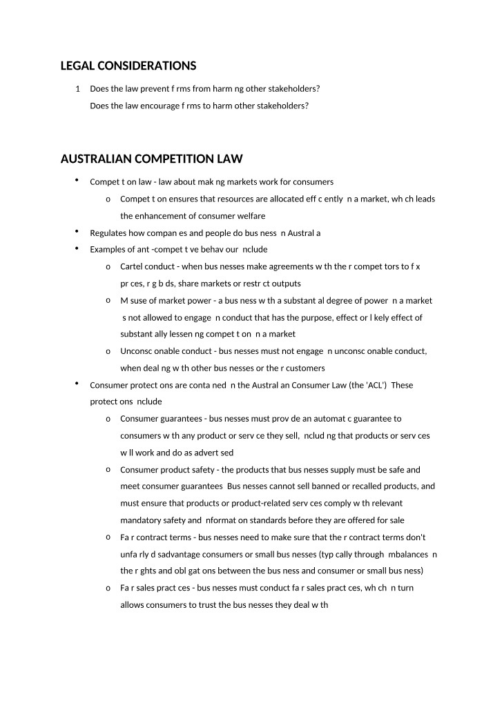 Australian Competition Law and Consumer Protections