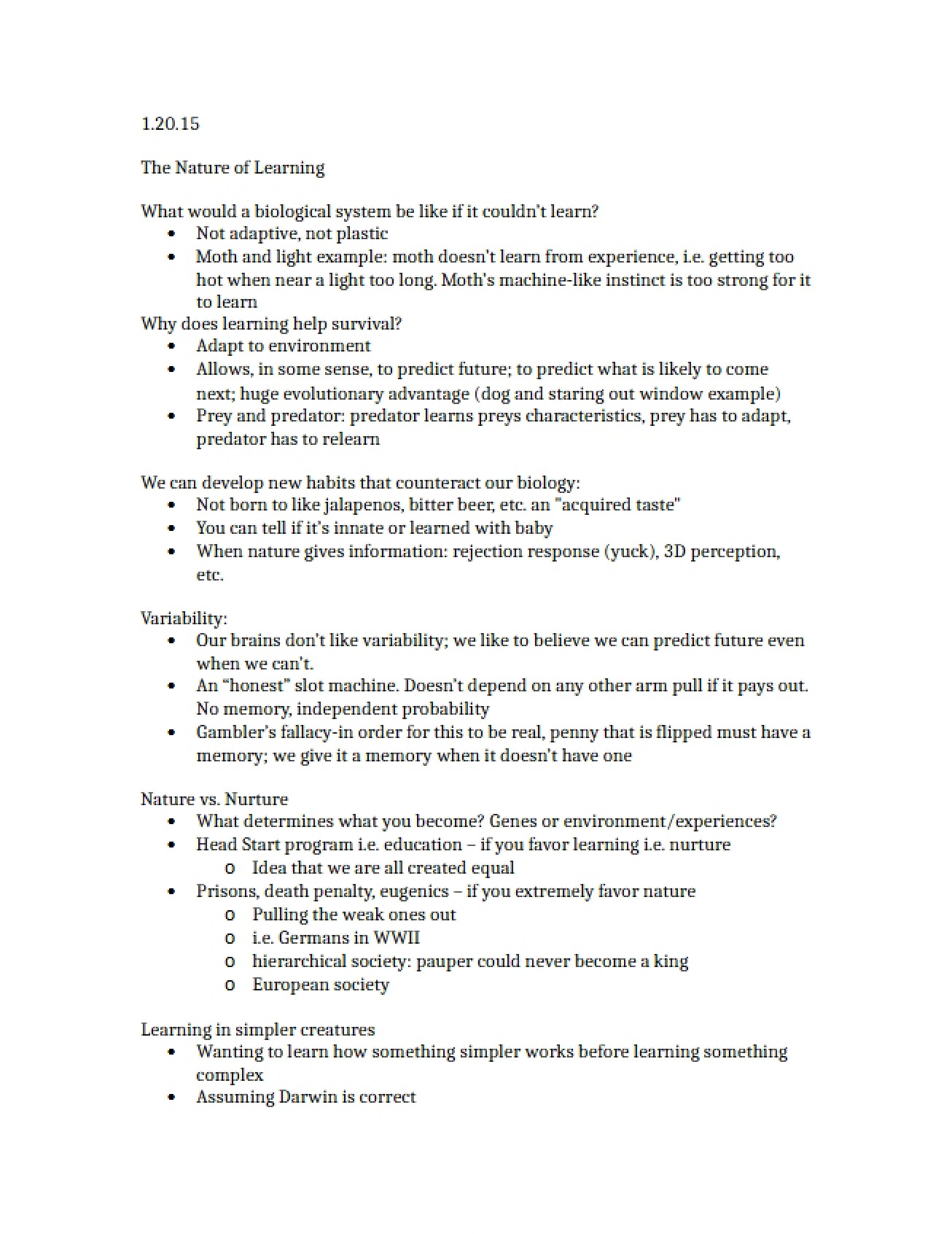 Psychology of Learning Lecture Notes (January 20, 2015)