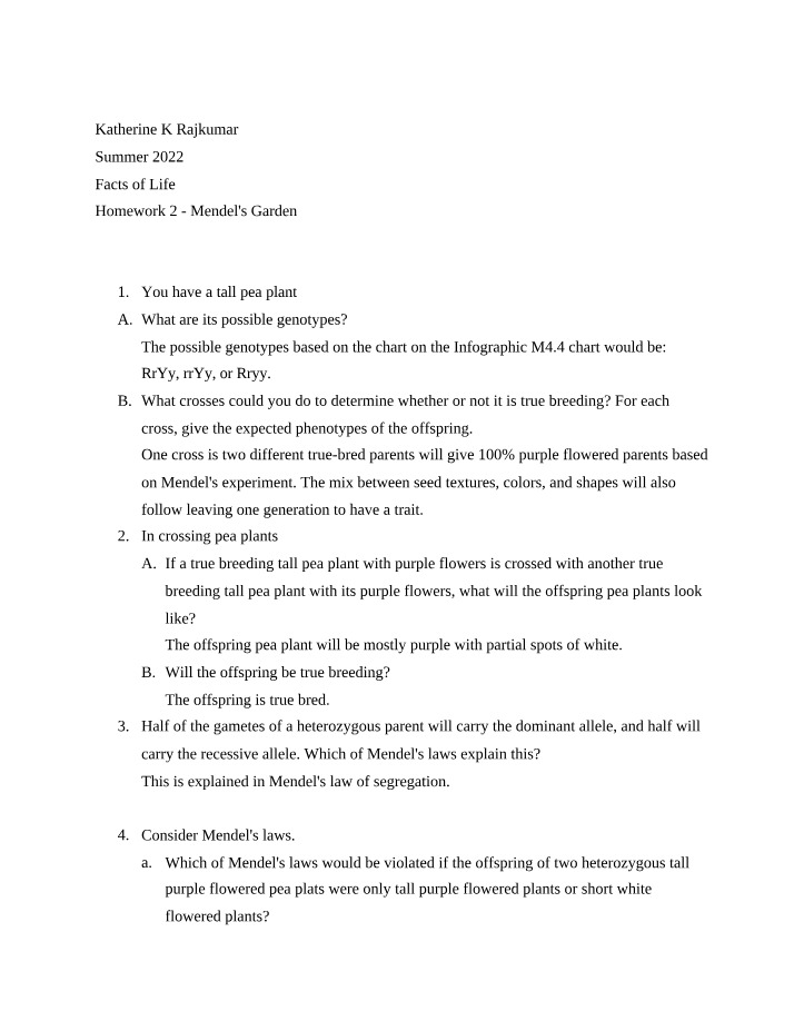 Tall Pea Offspring Traits and Mendel's Laws