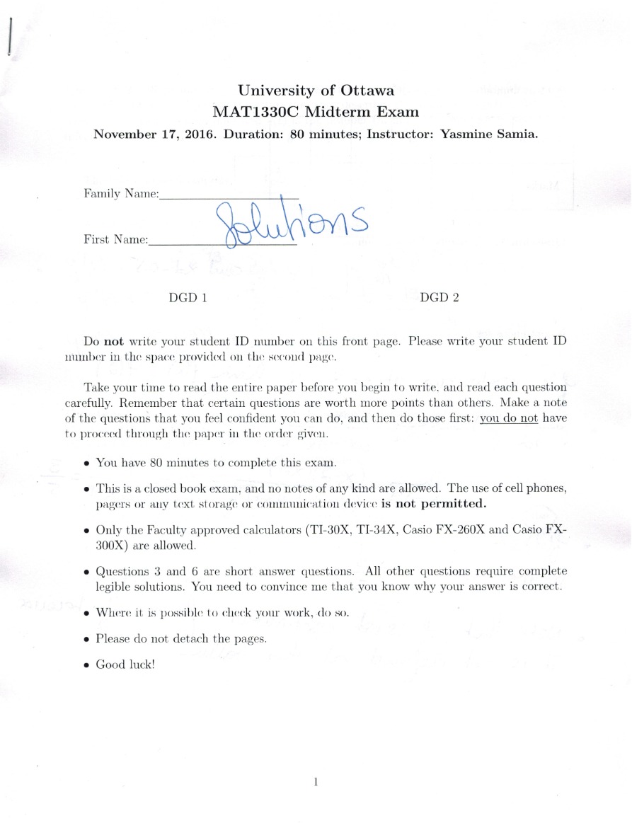 Midterm Exam for MAT1330C