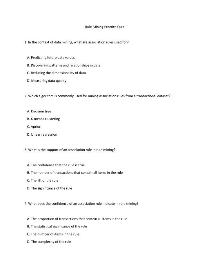 Practice Quiz on Rule Mining