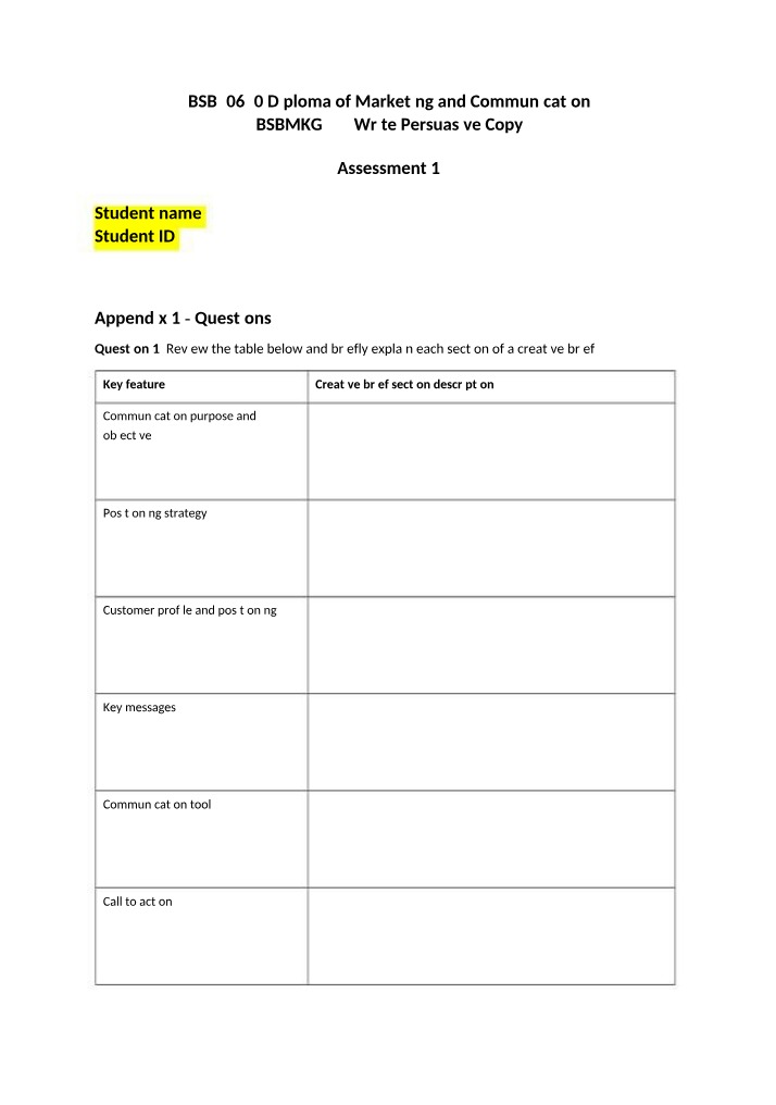 BSBMKG555 Assessment 1 Template Version A