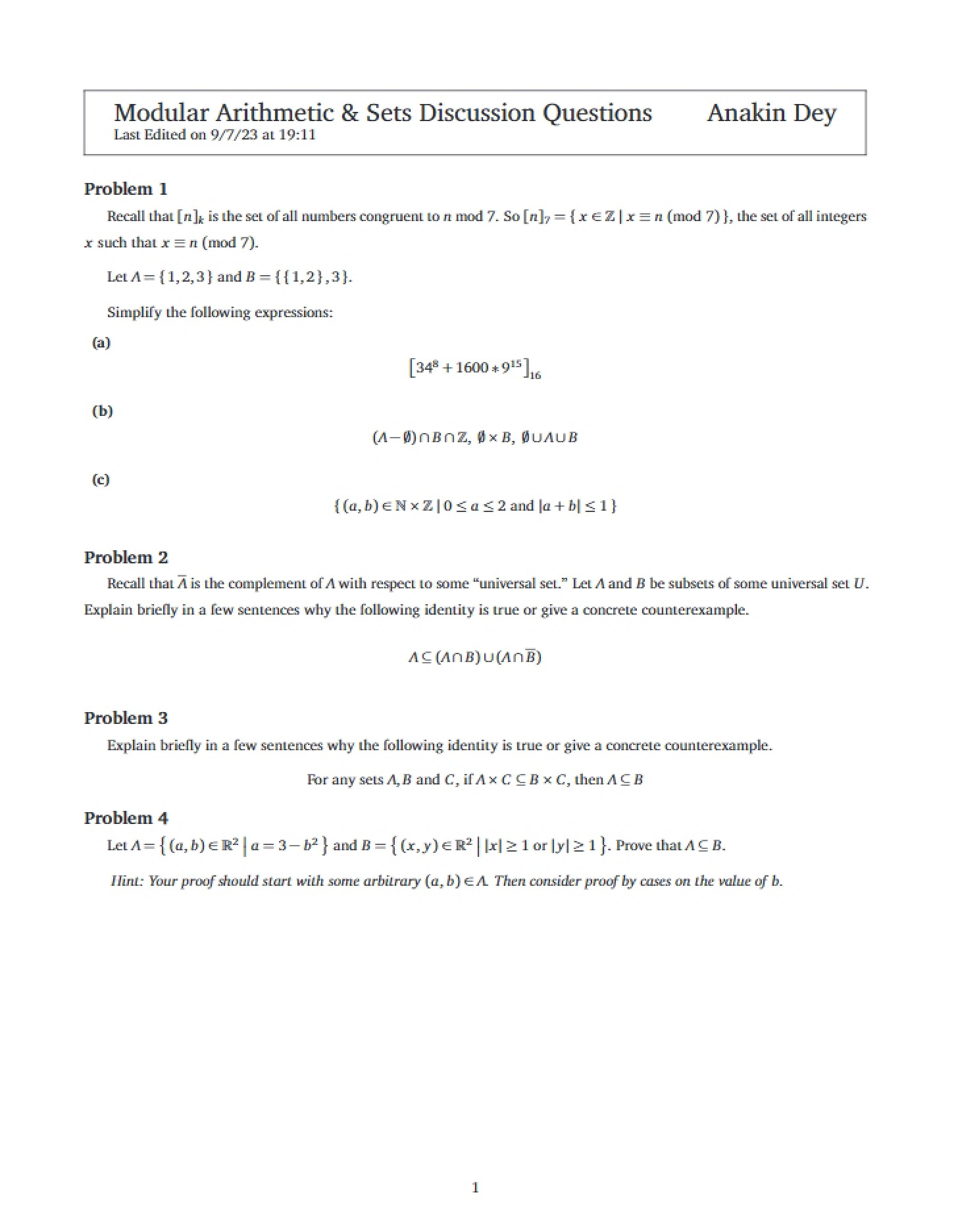 Discussion Qs Sets & Modular Arithmetic